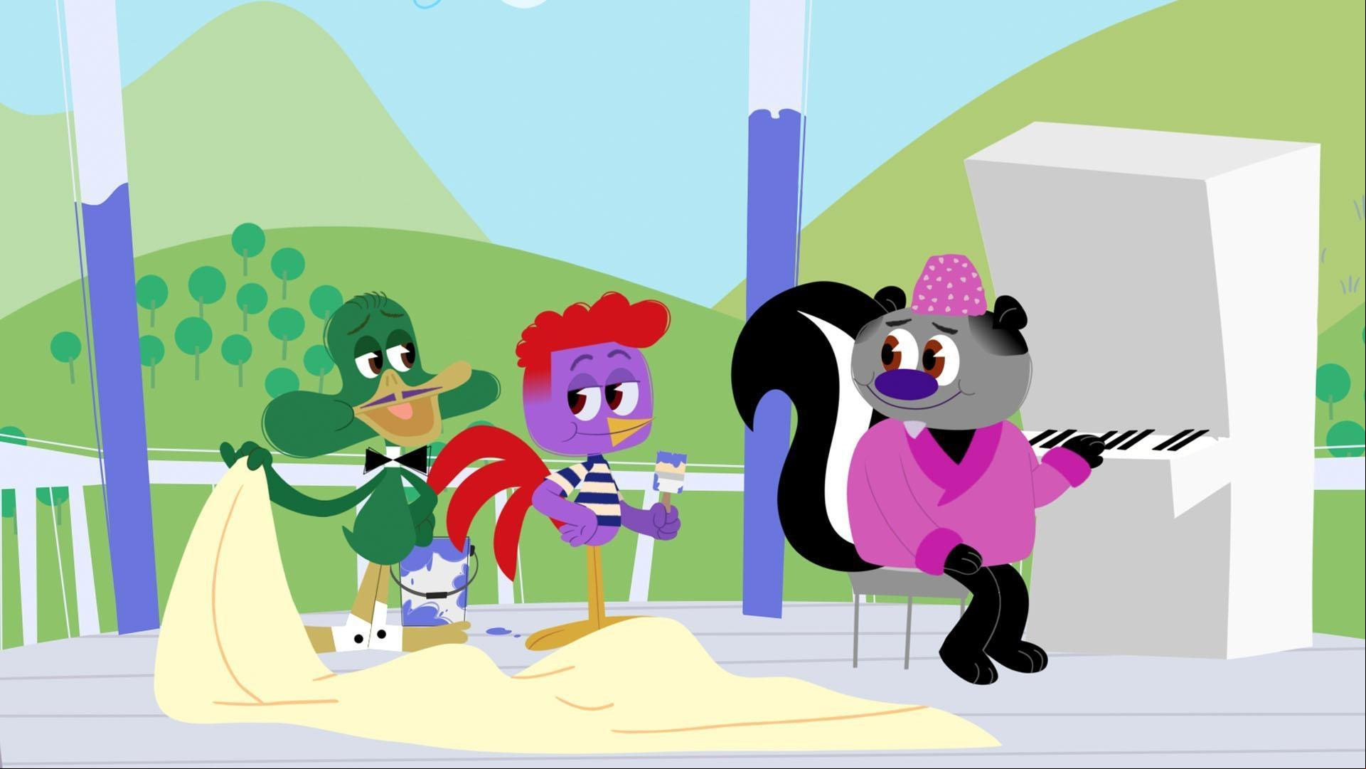 Rooster, Duck, and Thelonious learn that a fast Ragtime song can help work go quicker!